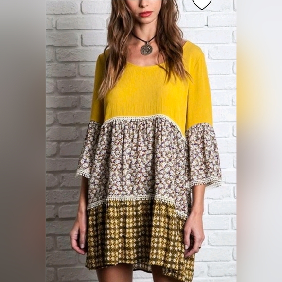 Umgee Tops - Umgee Yellow Boho Floral Bell Sleeve Mini Dress